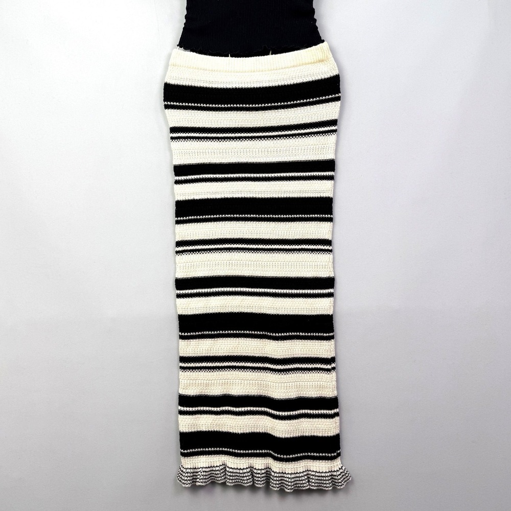 Striped Knit Midi Skirt Ivory Black Ruffle Hem Nautical Textured Pencil Skirt